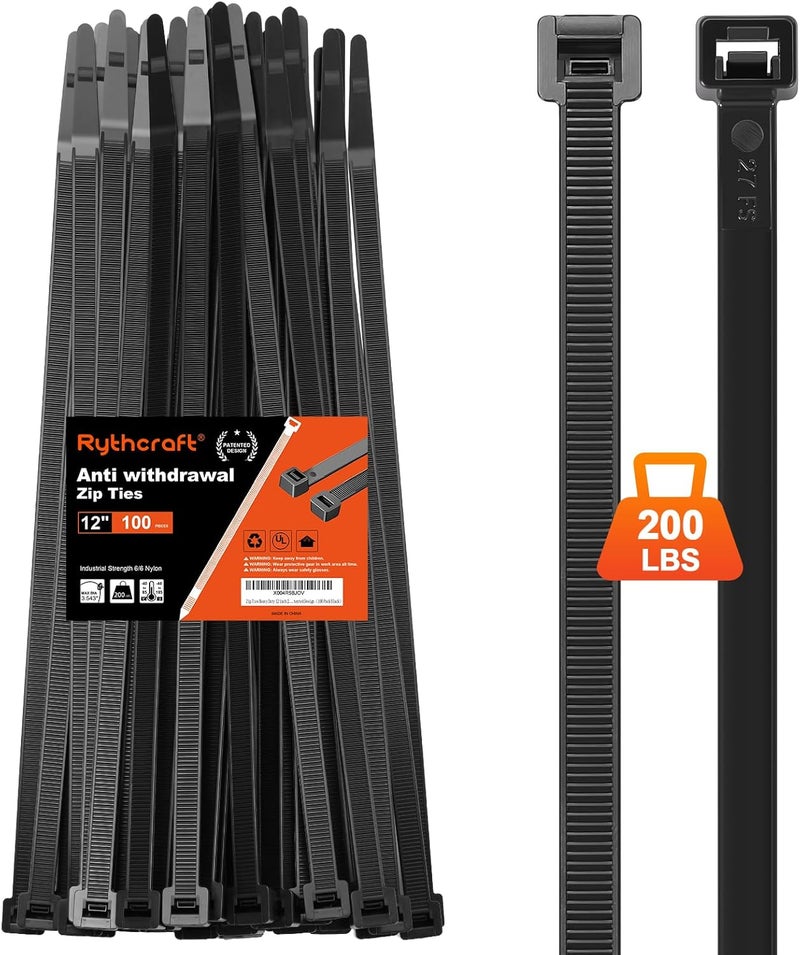 Rythcraft Zip Ties Heavy Duty 12 inch 200 LBS Tensile Strength Cable Ties ，Extra Large Wire Ties Adjustable Nylon Tie Wraps for Indoor Outdoor Patented Design（100 Pack Black） - Image 1